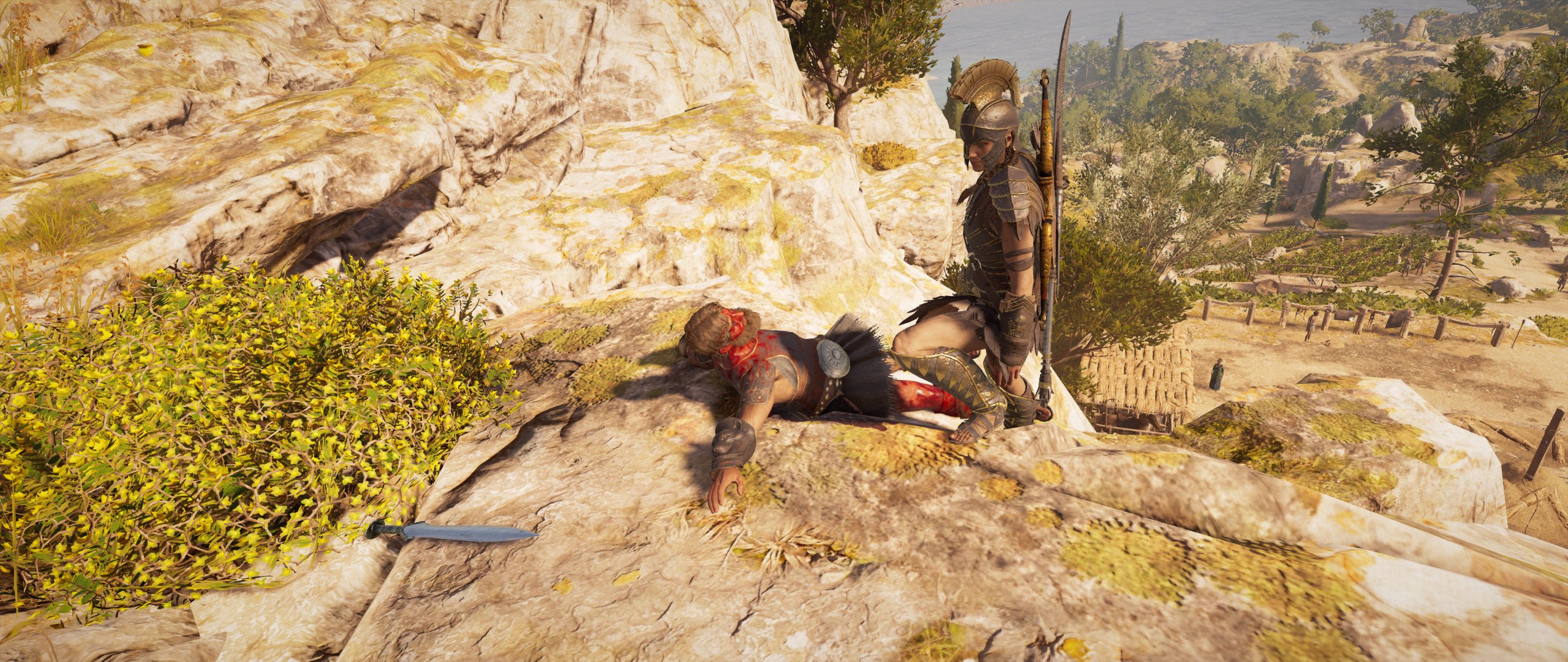 Kassandra and dead Talos the Stone Fist on Kephallonia in Assassins Creed Odyssey